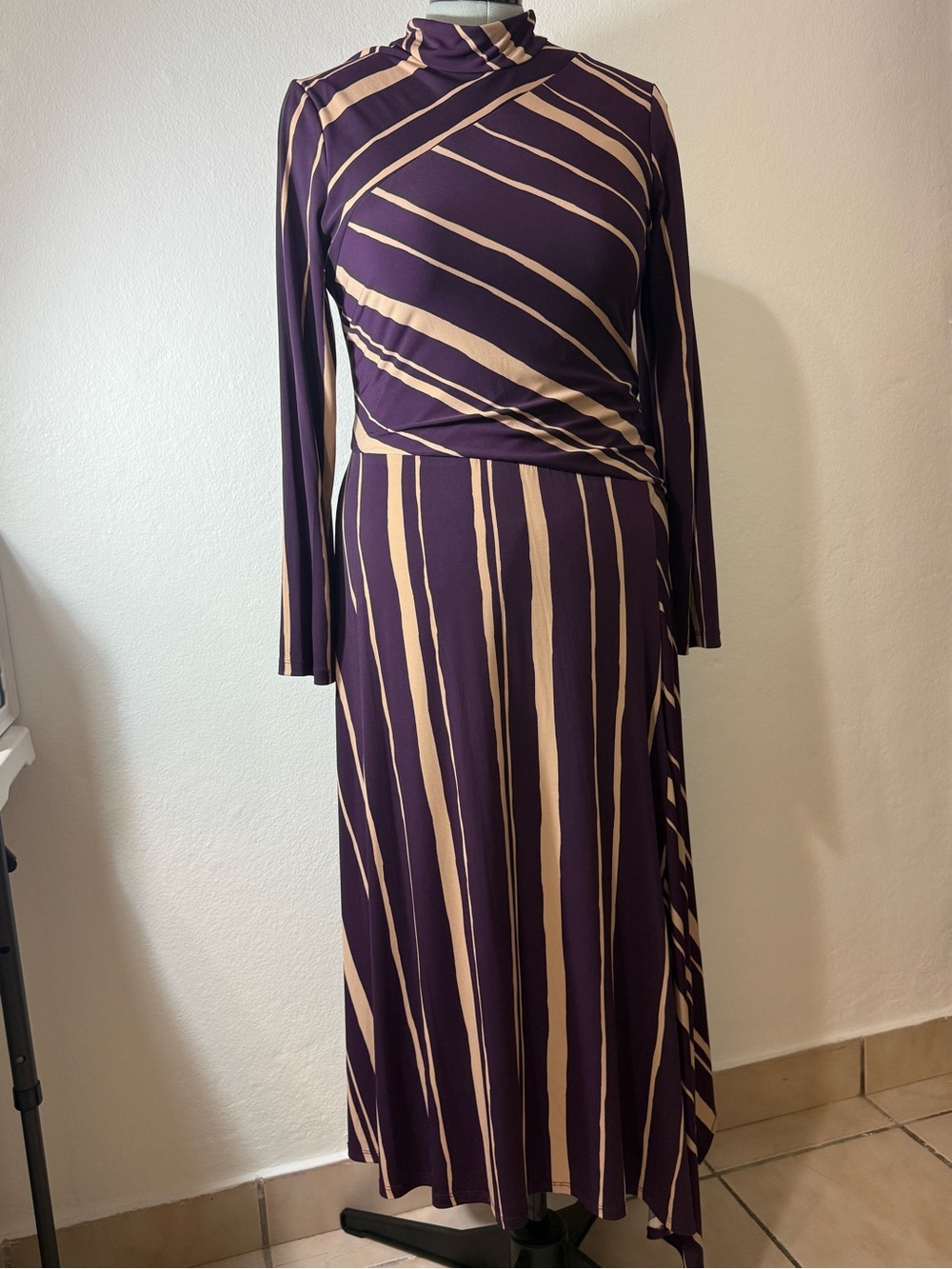 Taylor Purple and Cream Long Sleeve Striped Midi Dress